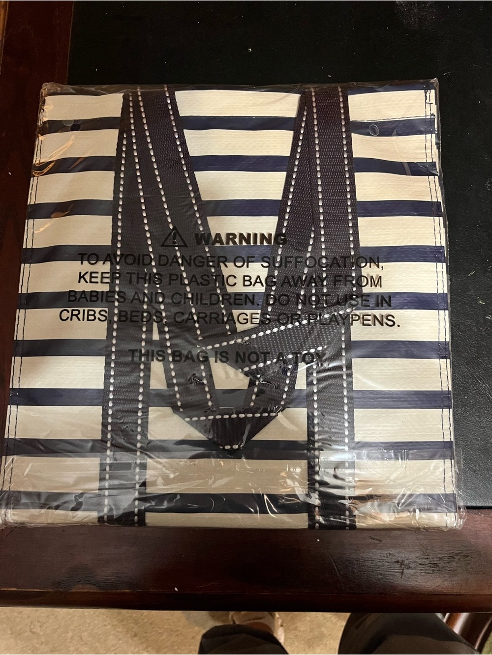 Striped Navy and White Reusable Beverage Tote Bag